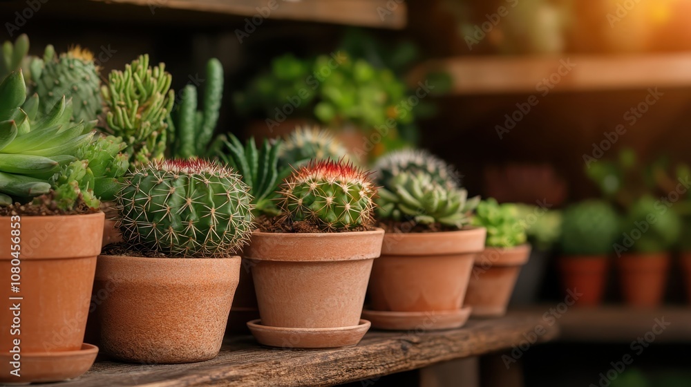 Cacti featured in terracotta pots on a rustic wooden display shelf, capturing the essence of nature's adaptability, rugged beauty, and timeless endurance under sunlight. Cacti featured in terracotta pots on a rustic wooden display shelf, capturing the essence of nature's adaptability, rugged beauty, and timeless endurance under sunlight.