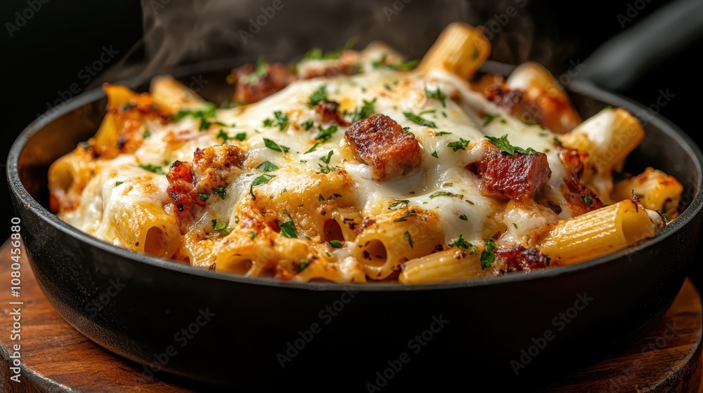 An inviting skillet dish of cheesy rigatoni, generously topped with crunchy bits and sprinkled with herbs, evoking warmth and satisfaction perfect for gatherings. An inviting skillet dish of cheesy rigatoni, generously topped with crunchy bits and sprinkled with herbs, evoking warmth and satisfaction perfect for gatherings.