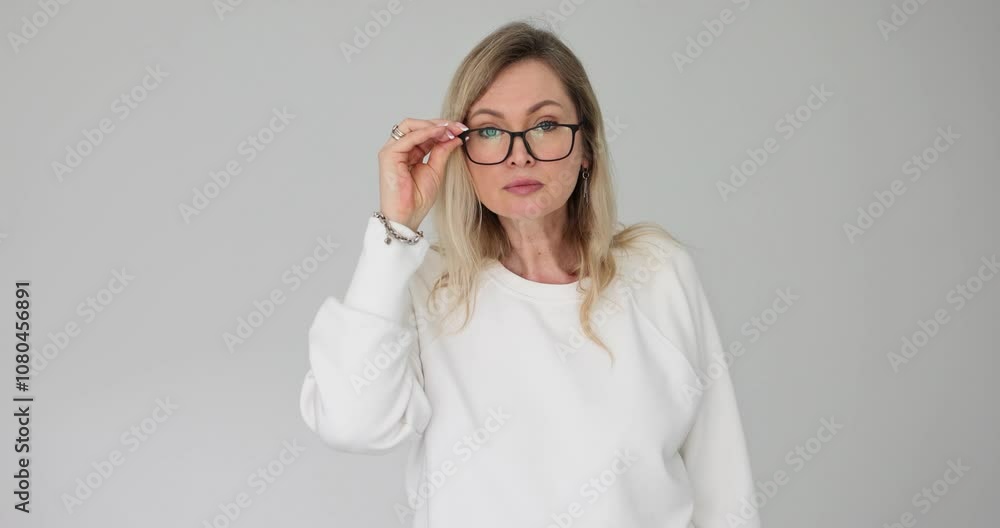 Woman adjusts glasses and looks intensely at camera on white background Woman adjusts glasses and looks intensely at camera on white background