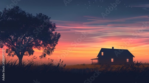 A house is in the middle of a field with a tree in the background. The sky is orange and the sun is setting