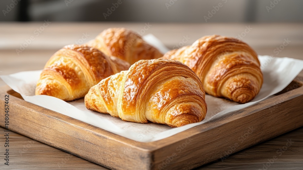Four flaky, golden croissants are artfully arranged in a wooden tray on a polished table, highlighting their rich, decadent texture and elegance. Four flaky, golden croissants are artfully arranged in a wooden tray on a polished table, highlighting their rich, decadent texture and elegance.