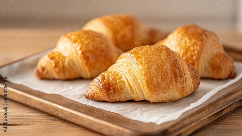 Three golden-brown croissants rest on a baking tray lined with parchment paper, showcasing their flaky and buttery layers perfect for a breakfast delight. Three golden-brown croissants rest on a baking tray lined with parchment paper, showcasing their flaky and buttery layers perfect for a breakfast delight.