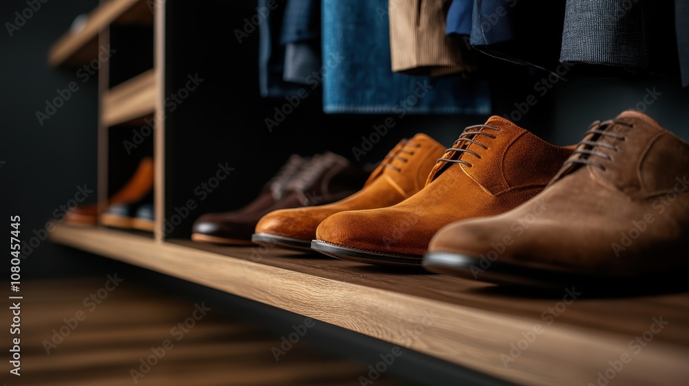 A range of stylish men's shoes, including brown and tan pairs with different textures, are displayed neatly on a wooden shelf, showcasing modern elegance and craftsmanship. A range of stylish men's shoes, including brown and tan pairs with different textures, are displayed neatly on a wooden shelf, showcasing modern elegance and craftsmanship.