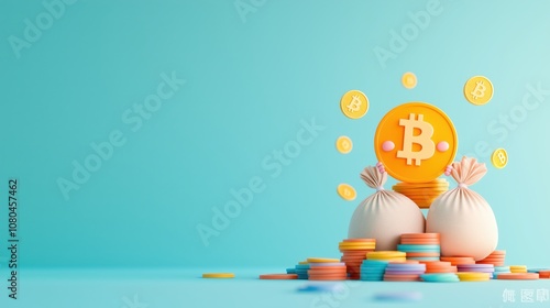 Cheerful Cartoon Bitcoin Lifting Money Bags