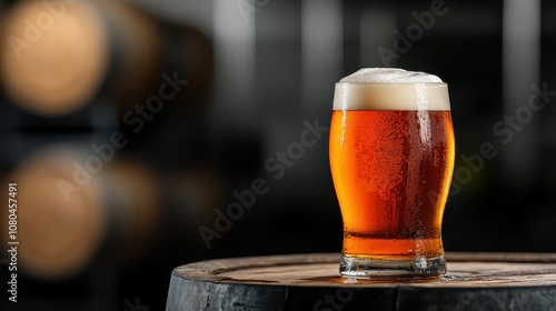 A classic image of a foamy pint of amber beer set on a rustic wooden barrel, beautifully highlighting the traditional elegance and conviviality of beer culture. photo