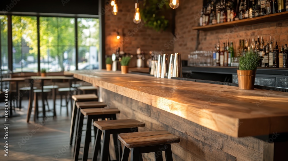 The image showcases a modern bar setting with a wooden counter, stylish stools, and a chic ambiance, emphasizing warmth and sleek interior design elements. The image showcases a modern bar setting with a wooden counter, stylish stools, and a chic ambiance, emphasizing warmth and sleek interior design elements.
