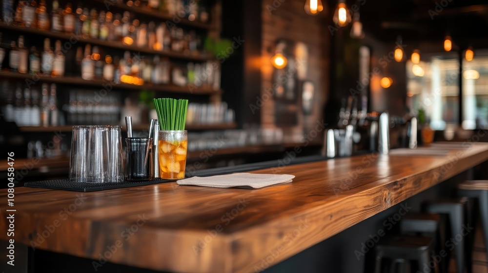 A tall glass of iced coffee sits refreshingly on a wooden bar counter, surrounded by glasses and bartending tools, emanating a lively and trendy vibe. A tall glass of iced coffee sits refreshingly on a wooden bar counter, surrounded by glasses and bartending tools, emanating a lively and trendy vibe.