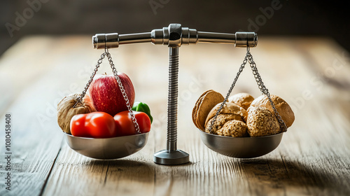 balance scale with one side holding unhealthy foods and the other is healthy