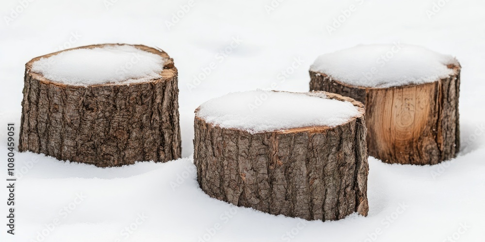 Three logs are sitting in the snow, with the top of each one covered in snow Three logs are sitting in the snow, with the top of each one covered in snow