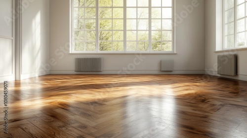 A room with expansive windows features a herringbone wooden floor illuminated by natural light, offering a tranquil and airy atmosphere focused on elegance.