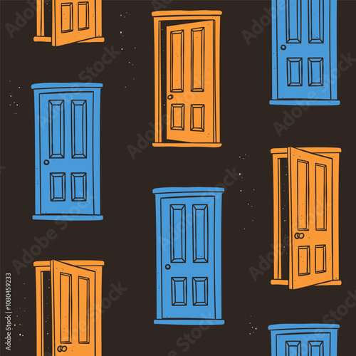 Front view of open, closed, slightly open, ajar Doors set. Dark space behind the door. Opportunity, new possibilities concept. Hand drawn Vector illustration. Square seamless Pattern, background