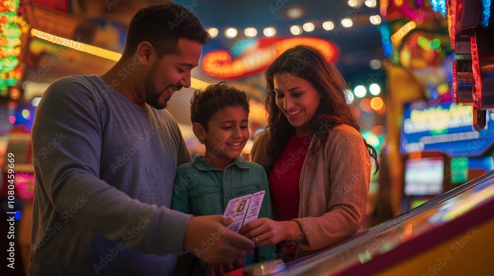 family holding theme park tickets at a vibrant entrance gate family holding theme park tickets at a vibrant entrance gate