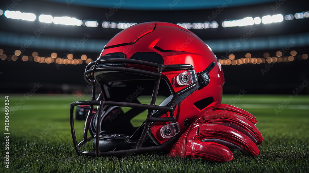 © acnaleksy - football helmet and gloves resting on the grass of a stadium field, with stadium lights creating a dramatic, high-energy background © acnaleksy - football helmet and gloves resting on the grass of a stadium field, with stadium lights creating a dramatic, high-energy background