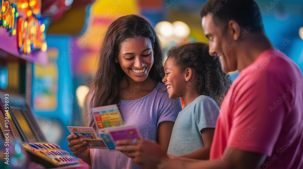 Obraz premium family holding theme park tickets at a vibrant entrance gate