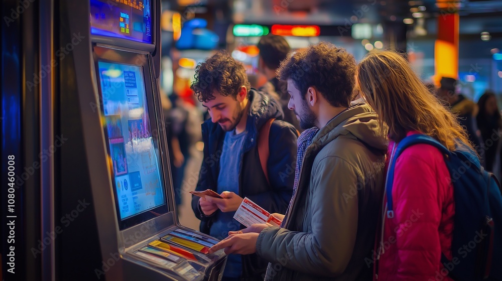 friends purchasing train tickets from a kiosk in a busy station, with energetic lighting and people bustling around them, representing the start of an adventure friends purchasing train tickets from a kiosk in a busy station, with energetic lighting and people bustling around them, representing the start of an adventure