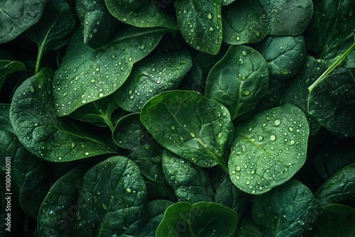 Beautiful texture and pattern of green spinach leaves with water drops, perfect for backgrounds and food-themed projects