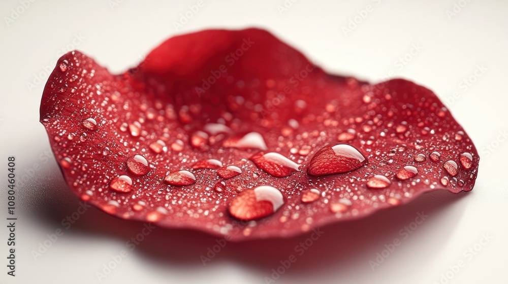 A close-up of a red petal with water droplets glistening. A close-up of a red petal with water droplets glistening.