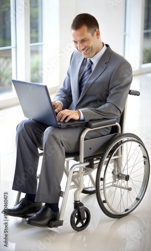 Businessman Sitting On Wheelchair And Using Computer