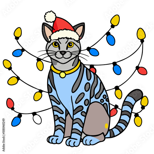 Christmas Cat with Lights: A cute, cartoon cat wearing a Santa hat, tangled in colorful Christmas lights. The cat is sitting and smiling, creating a festive and heartwarming scene.  