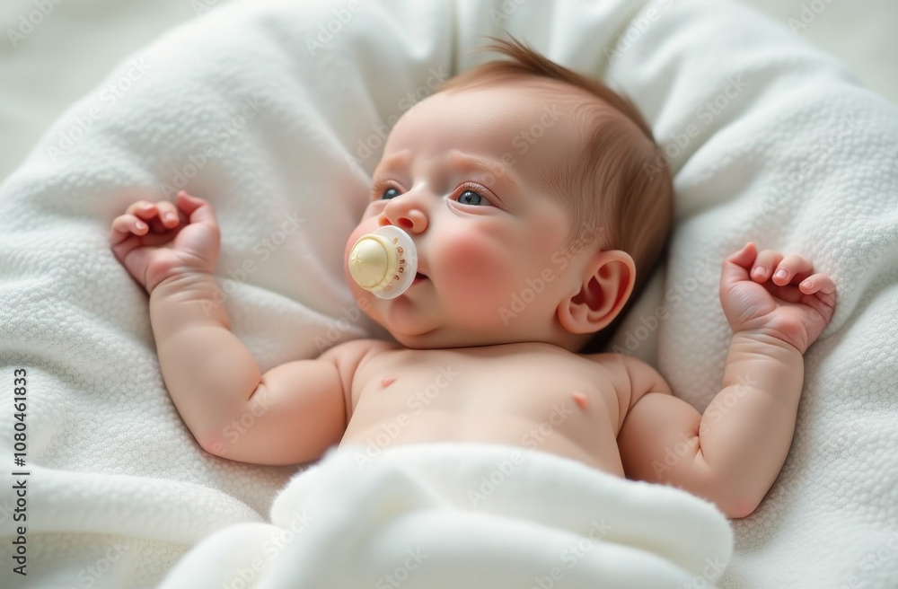 Serene newborn baby with pacifier resting on soft white blanket Serene newborn baby with pacifier resting on soft white blanket