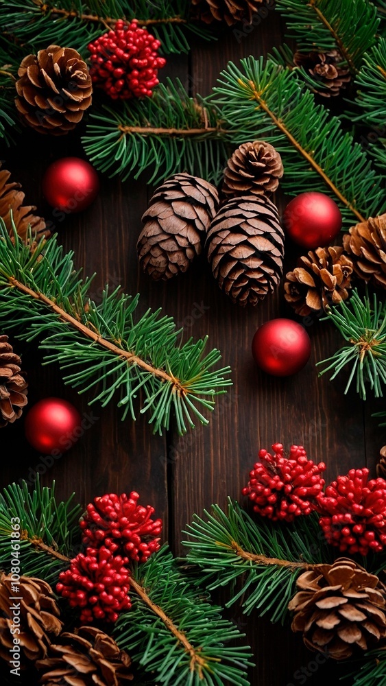 Dark wooden background with a festive Christmas decorations. Green fir branches, cones and red baubles on a brown wood surface background wallpaper. New Year celebration stories design template. Dark wooden background with a festive Christmas decorations. Green fir branches, cones and red baubles on a brown wood surface background wallpaper. New Year celebration stories design template.