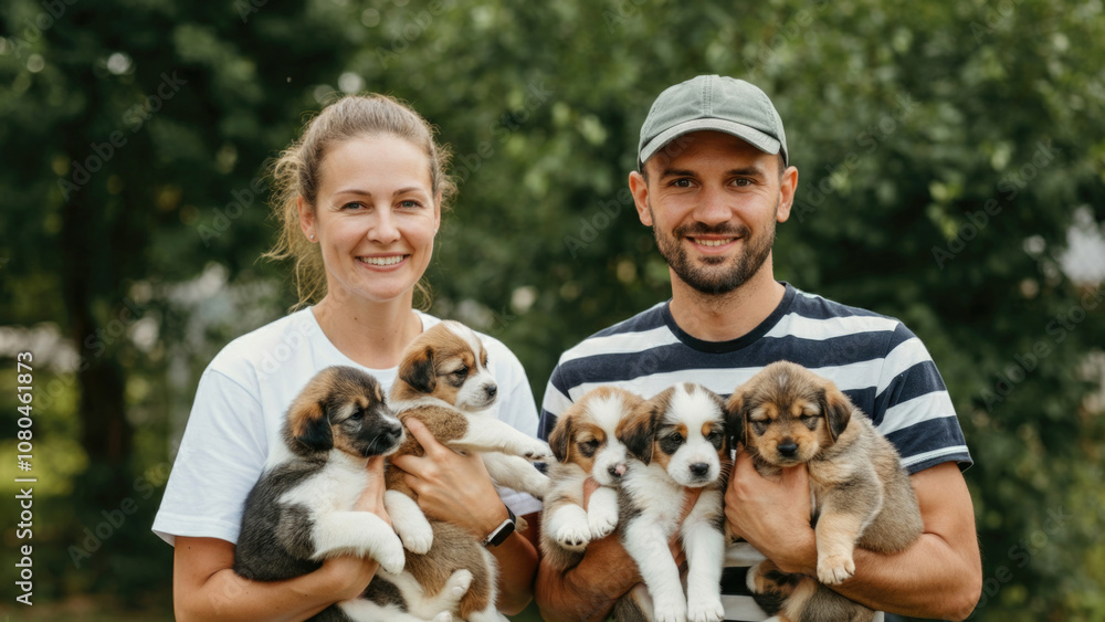 Happy couple holding adorable puppies in sunny park setting Happy couple holding adorable puppies in sunny park setting