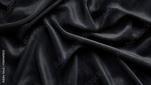 Close-up of luxurious black velvet fabric with gentle folds and a smooth texture.