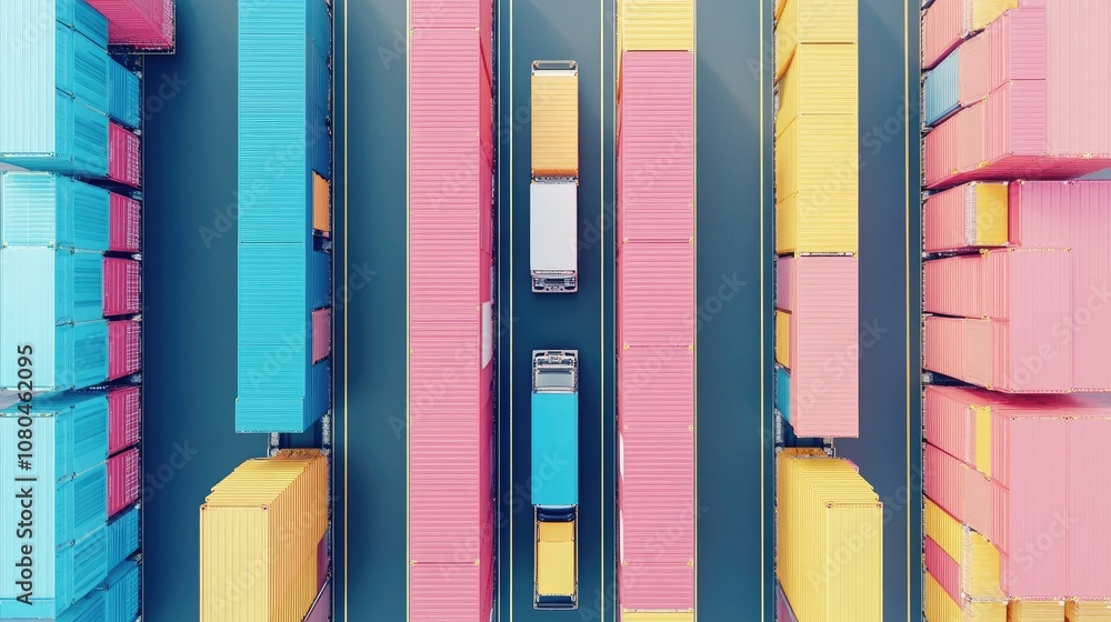 Fototapeta premium Cargo transport in import-export logistics flat design top view navigation theme 3D render colored pastel