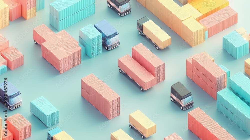 Cargo transport in import-export logistics flat design top view navigation theme 3D render colored pastel Cargo transport in import-export logistics flat design top view navigation theme 3D render colored pastel