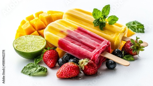 Colorful fruit popsicles with fresh berries and tropical ingredients on white background.