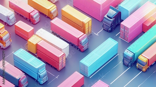 Cargo transport in import-export logistics flat design top view navigation theme 3D render colored pastel