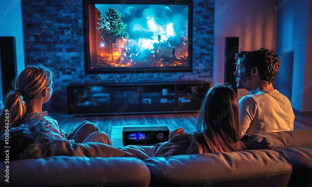 Group of Friends Enjoying Movie Night at Home with Projector Displaying Vibrant Scenes in Dark Living Room Setting Group of Friends Enjoying Movie Night at Home with Projector Displaying Vibrant Scenes in Dark Living Room Setting
