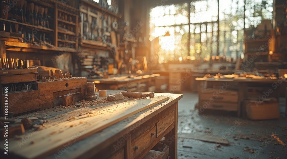 A well-lit woodworking workshop with tools, sawdust, and wood planks on tables. A well-lit woodworking workshop with tools, sawdust, and wood planks on tables.
