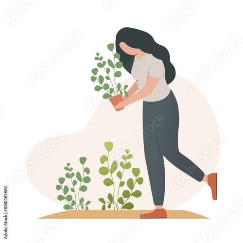 A woman carries a potted plant, surrounded by greenery. Modern style on light background. Vector illustration