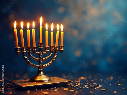 Abstract Hanukkah wallpaper featuring glowing menorah with warm, flickering candles in shades of gold and blue photo