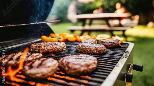 A backyard barbecue featuring friends grilling burgers, with all the fixings laid out on a picnic table for a fun meal.