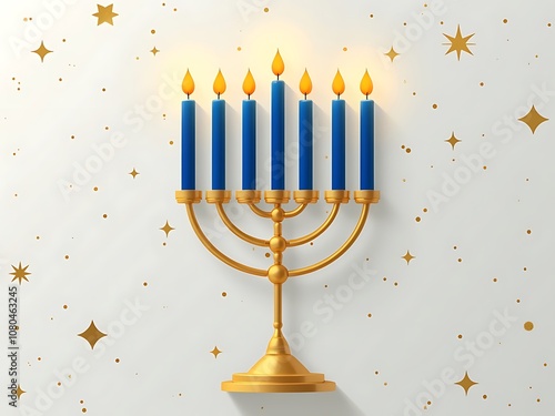 Minimalist Hanukkah banner with clean typography, blue candles, and gold accents for an elegant look
