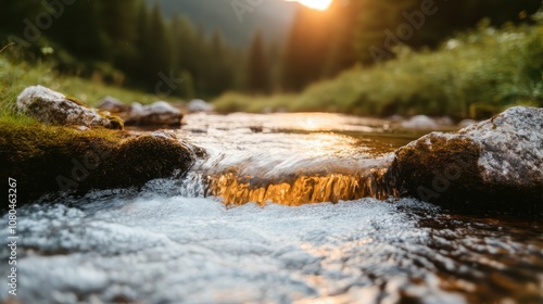 A beautiful stream flows along moss-covered rocks, bathed in warm golden sunlight, with lush greenery on the banks and trees in the distant blurred background. photo