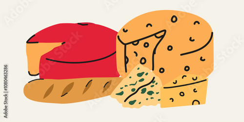 Dairy products cute set. Organic farm healthy food. Doodle flat cheese collection. Edam, gouda, cheddar, parmesan cheese and baguette. Vector poster for kitchen and cheese shop