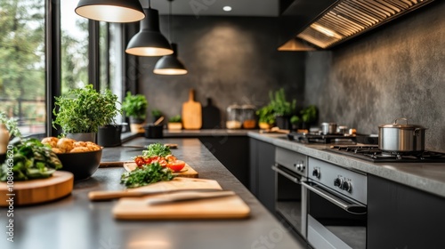 A stylish kitchen featuring a sophisticated dark theme contrasted with lush green plants and modern appliances, embodying elegance and functionality. photo