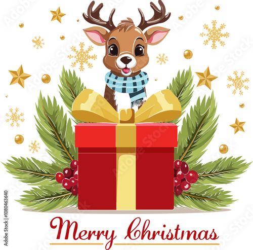Merry Christmas Greeting Card with Cartoon Reindeer Character, Gift Box, Fir Leaves and Stars Decorated Background.