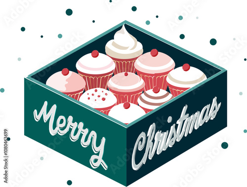 Merry Christmas Greeting Card with Box of Cupcakes Illustration.