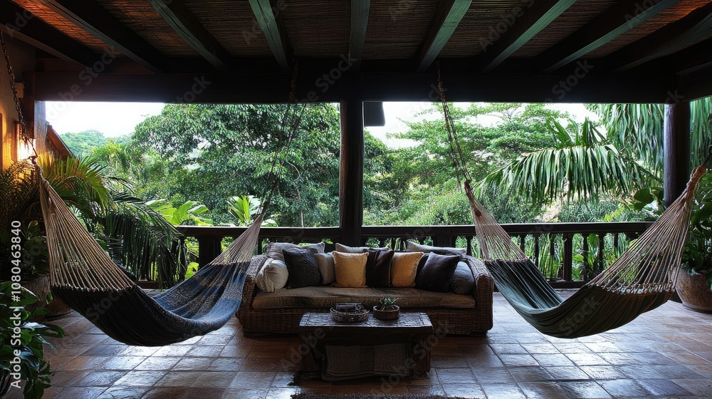 A beautiful outdoor patio of a tropical home, complete with hammocks and comfortable seating, inviting guests to unwind in nature. A beautiful outdoor patio of a tropical home, complete with hammocks and comfortable seating, inviting guests to unwind in nature.