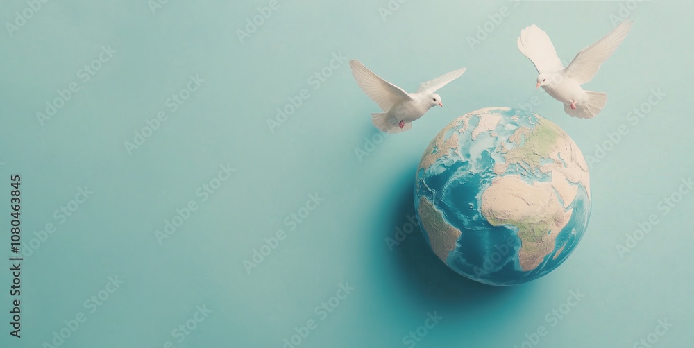 Fototapeta premium Dove flying around planet earth, international peace day, faith, freedom, charity and help concept, humanitarian aid