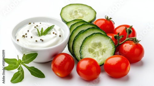 Fresh tomatoes and cucumbers with yogurt dressing on a white background.