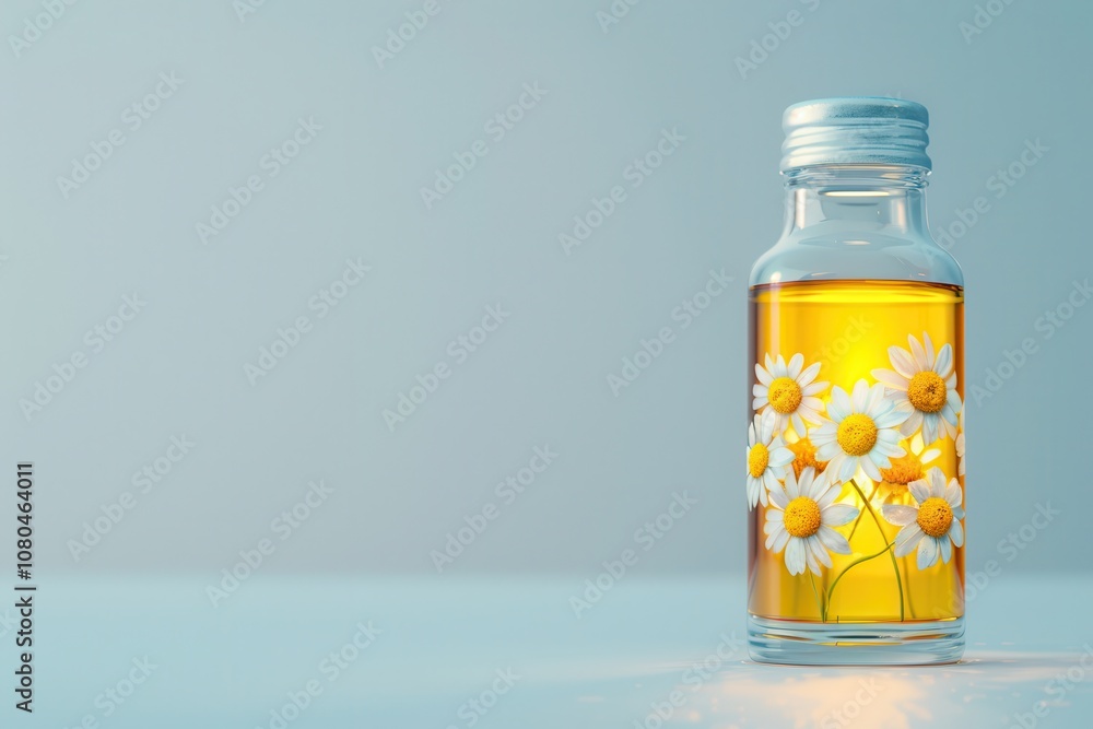 Organic chamomile essential oil.A glass bottle filled with golden liquid, adorned with daisies, reflecting a serene and calming atmosphere. Organic chamomile essential oil.A glass bottle filled with golden liquid, adorned with daisies, reflecting a serene and calming atmosphere.