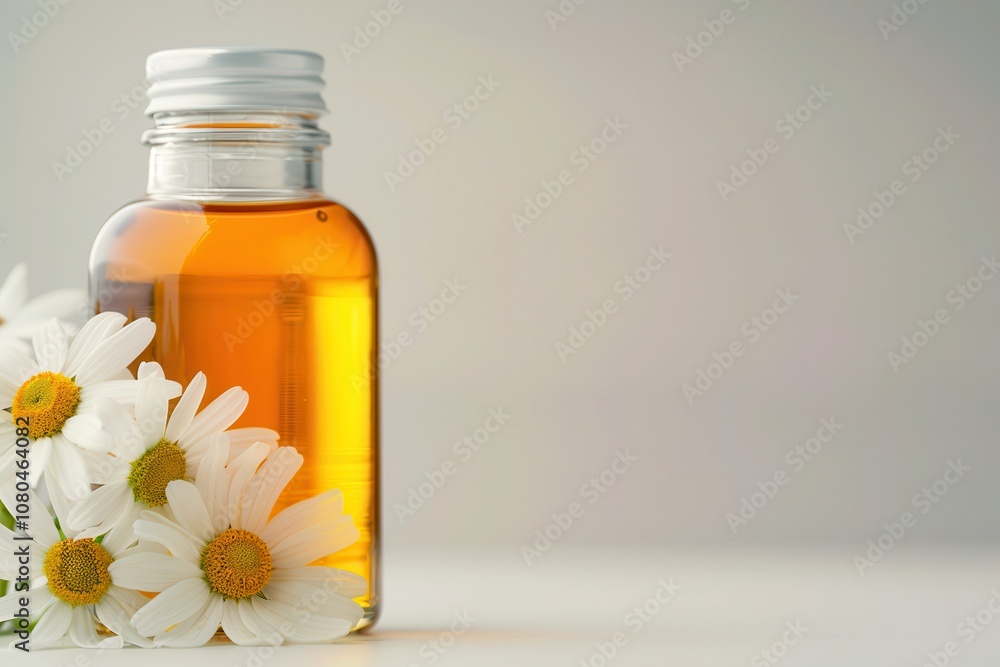 Organic chamomile essential oil.A glass bottle of amber oil is surrounded by fresh white daisies, creating a serene and natural aesthetic. Organic chamomile essential oil.A glass bottle of amber oil is surrounded by fresh white daisies, creating a serene and natural aesthetic.
