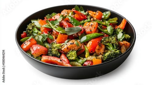 Vibrant mixed vegetable salad served in a black bowl, fresh and healthy meal option.