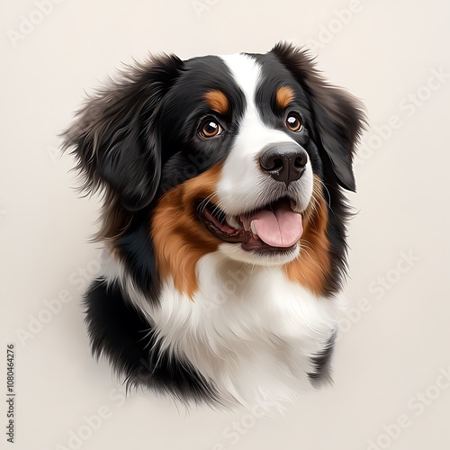 The portrait depicts a beautifully groomed Bernese Mountain Dog with large, expressive eyes and a playful expression, showcasing a mix of curiosity and innocence