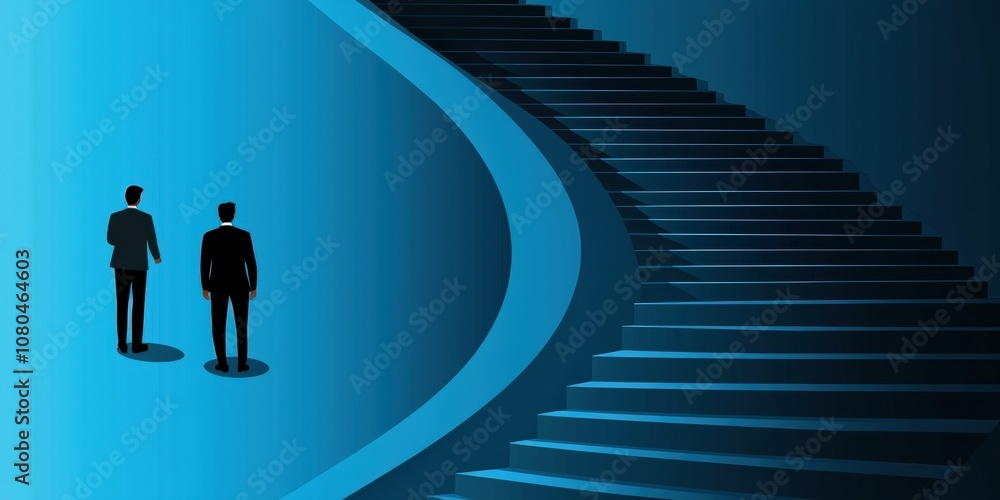 Two businessmen stand at the base of a winding staircase, symbolizing the journey of success and the challenges ahead in a professional setting. Two businessmen stand at the base of a winding staircase, symbolizing the journey of success and the challenges ahead in a professional setting.